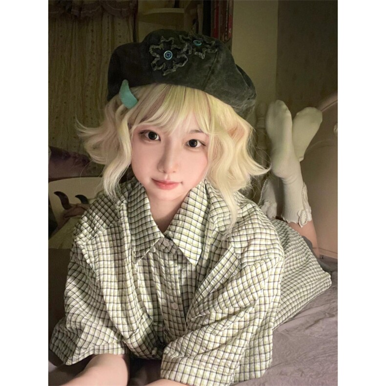 有货 绿色格子衬衫短袖男女夏季vintage美式复古衬衣C120WW-特P45图片