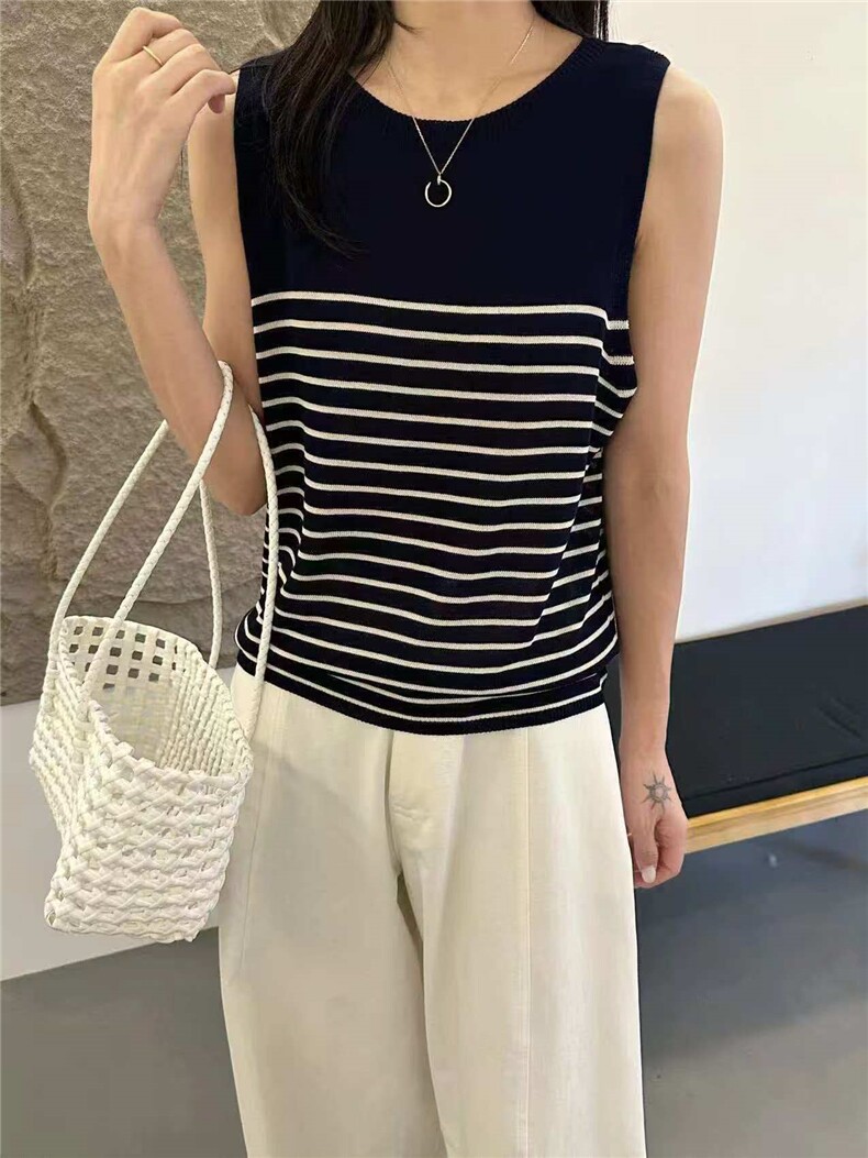 2026夏季新款时尚条纹圆领无袖针织背心女宽松百搭外穿吊带背心,女装T恤,美轩羊绒