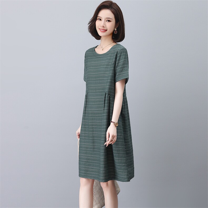 中年今年流行条纹连衣裙女夏季宽松减龄显瘦遮肚妈妈休闲中长裙子,女装连衣裙,忆绮罗