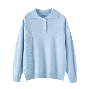 秋冬新款羊绒小翻领复古简约宽松显瘦长袖针织衫图片