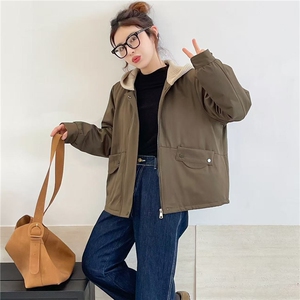 冬季加绒派克服棉衣女2025新款小个子针织连帽休闲工装棉衣外套图片