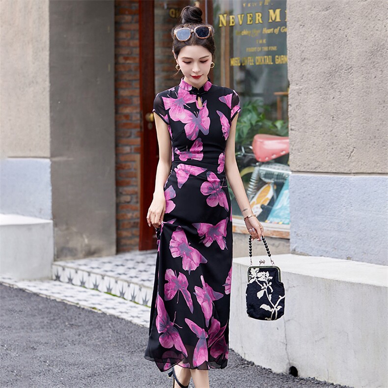 新中式改良旗袍连衣裙女夏季2024新款印花蝴蝶高端气质绝美显瘦,女装连衣裙,布芭啦