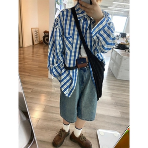 【有货】cleanfit蓝白格子衬衫男美式复古长袖衬衣N316LL-特P45图片