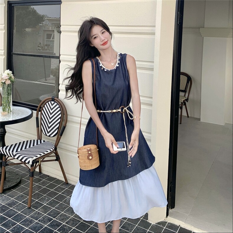 法式亮片拼接无袖假两件背心裙女2025夏季新款设计感小众连衣裙潮图片