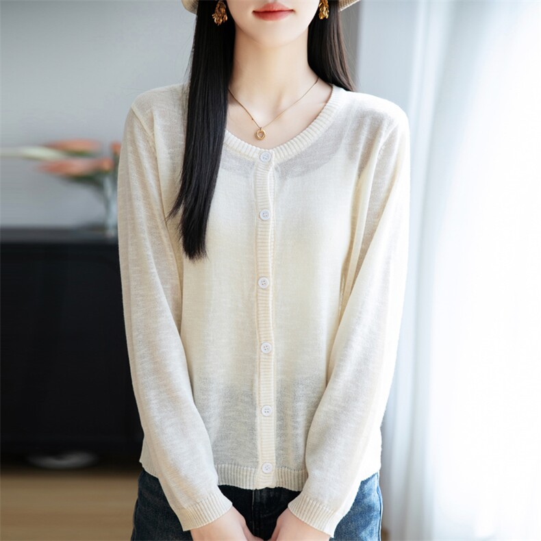 圆领针织开衫长袖女2025夏新款纯色薄款空调防晒罩衫百搭外套上衣,针织衫/毛衣,菲奥羊绒
