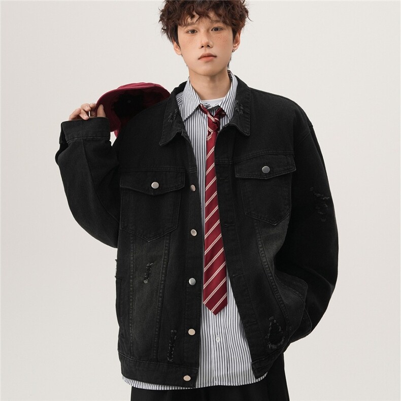 男士黑色工装牛仔外套男女生款秋季宽松上衣牛仔夹克衣服新款潮搭,男装工装外套,星座302B