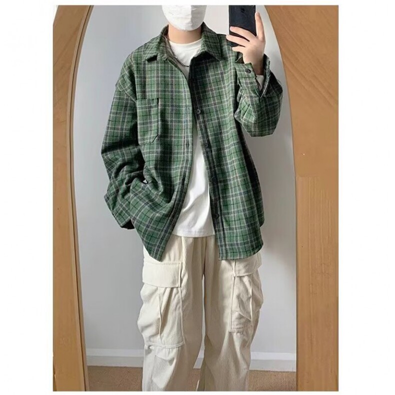 日系格子工装衬衫男通勤港味休闲长袖衬衣潮流外套1008-LC219-p50,男装衬衫,星座1008