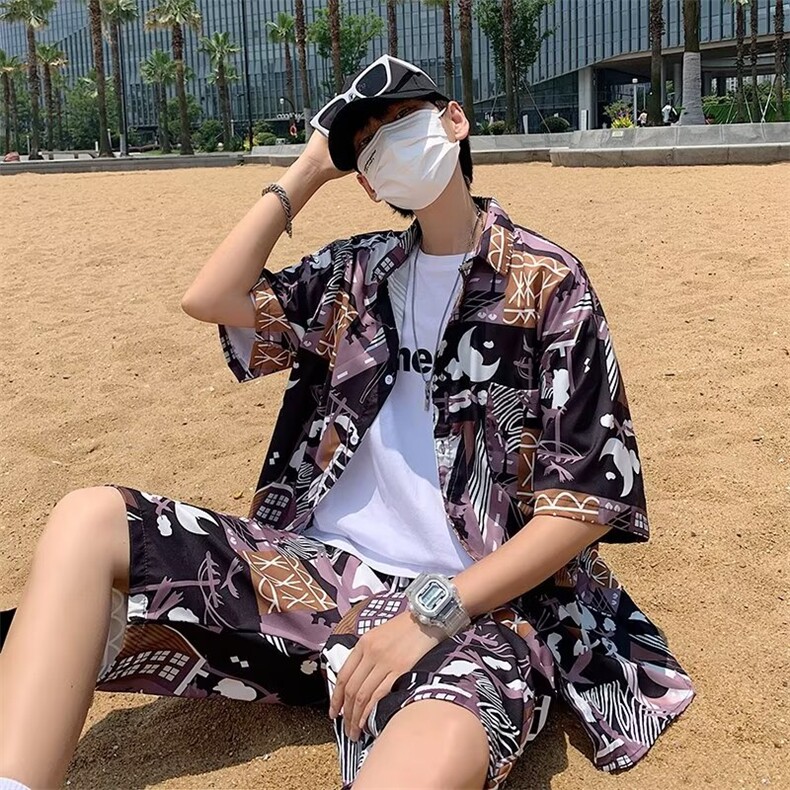 花衬衫套装男潮牌夏季冰丝短袖短裤两件套旅游度假休闲沙滩情侣装,男装牛仔裤,星座410-7