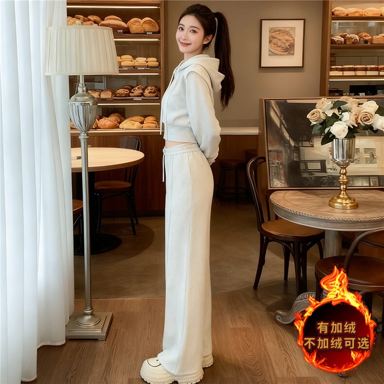 休闲运动套装女秋冬新款短款抽绳连帽长袖卫衣高腰阔腿长裤两件套,女装套装/套裙,2C310