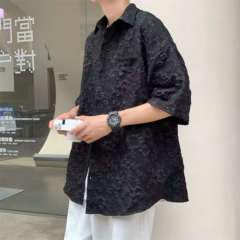 夏季日系设计感短袖衬衫袖宽松慵懒风小众中性衬衣男W3294-P36,男装衬衫,星座512-2