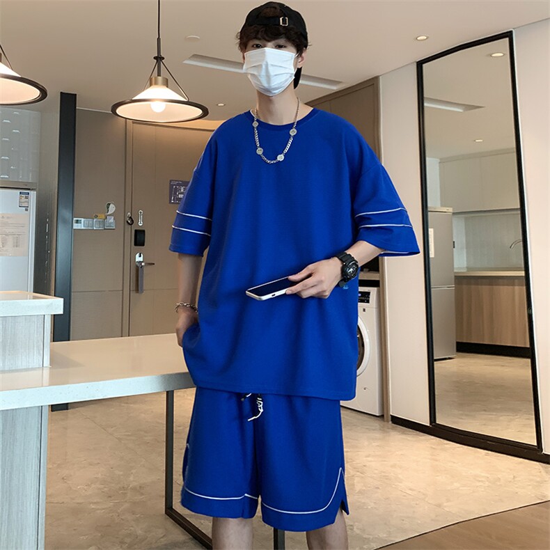 DXYK6-P55港风华夫格反光条纹短袖两件套套装T恤五分裤短裤男,男装休闲套装,星座1204-3