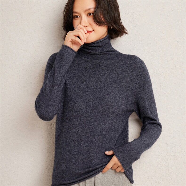 秋冬季35%羊绒65%羊毛休闲百搭12针平面堆堆领羊绒衫,女装羊绒衫,广悦羊绒