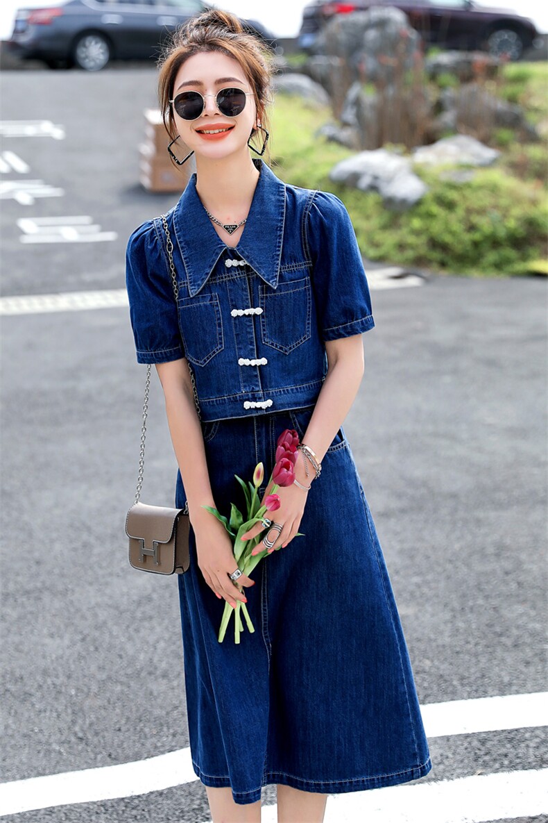 时尚洋气牛仔连衣裙套装女高级感2025新款气质女神范半身裙两件套,女装套装/套裙,意芙