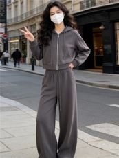 女春款欧货时尚休闲套装灰色连帽开衫上衣宽松软糯阔腿长裤两件套，女装套装/套裙，江南