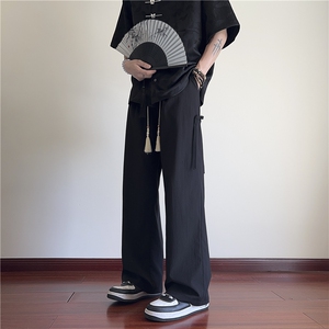 新中式国风裤子男夏季薄款国潮盘扣佛系禅意直筒宽松棉麻休闲裤子图片
