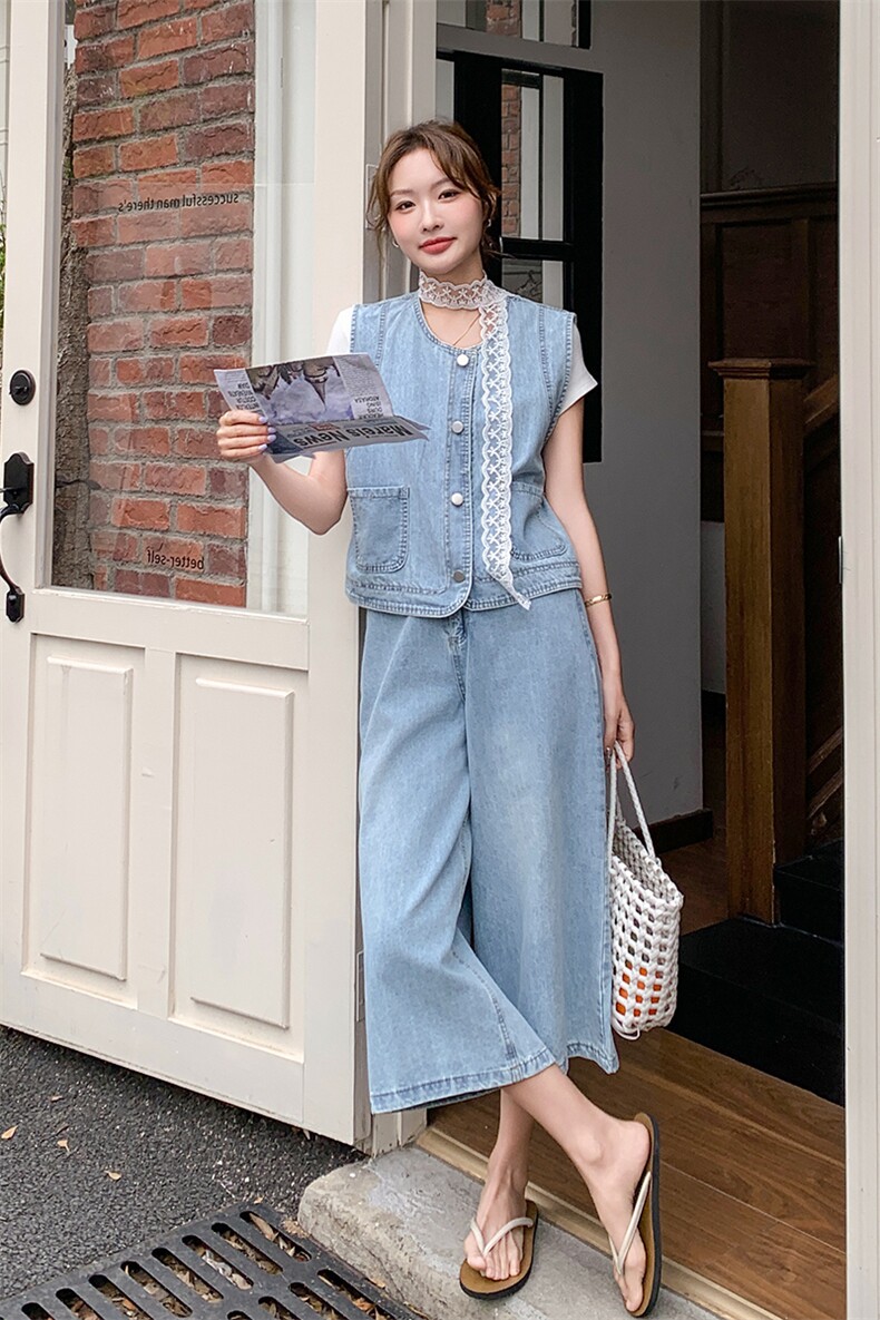 减龄时尚牛仔马甲阔腿裤套装女夏ootd穿搭减龄三件套今年流行爆款,女装套装/套裙,2C236