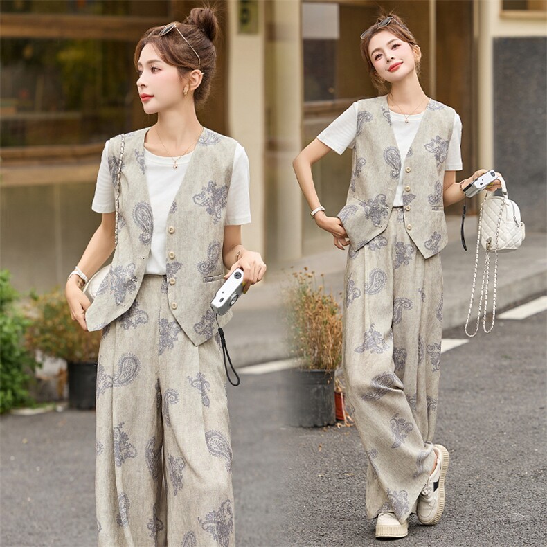 时尚印花马甲阔腿裤套装女2025夏季新款气质休闲短袖阔腿裤三件套，女装套装/套裙，依如秀(原杭风阁)