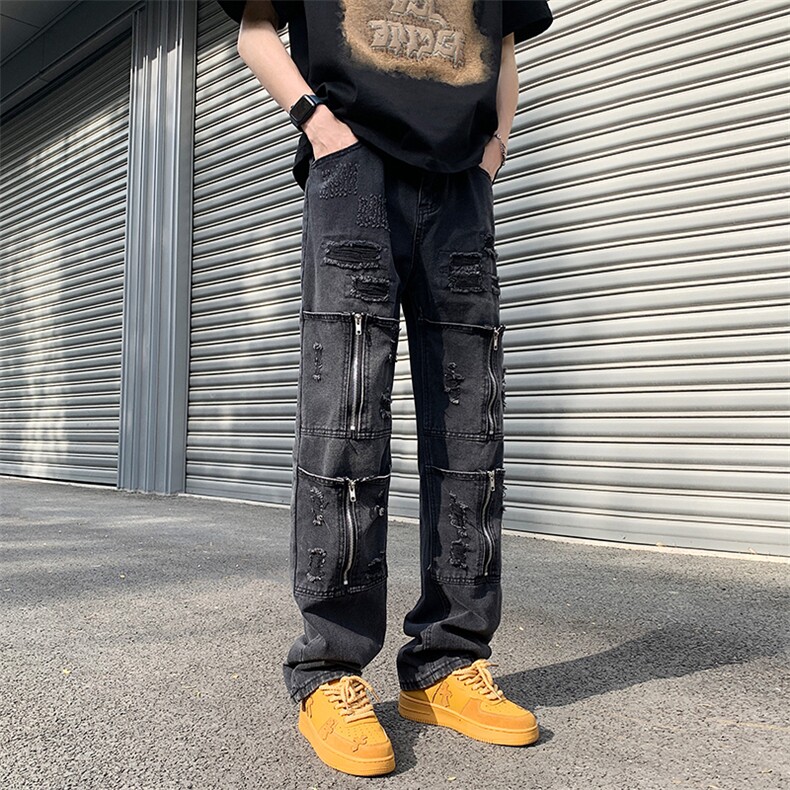 高街重工牛仔裤设计感拉链破洞vibe风潮流直筒裤子男N06038-P50,男装牛仔裤,星座308B-1