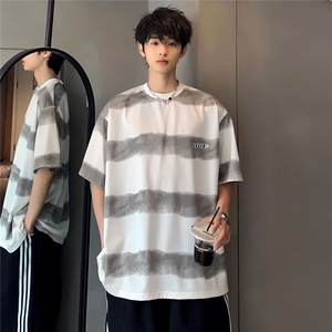 夏季晕染水洗做旧青少年短袖男条纹小领口半袖T恤T165-P28图片