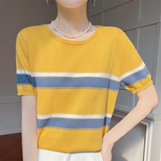 2025新款条纹t恤女春季纯棉短袖宽松韩版显瘦针织上衣短款打底衫，女装T恤，郡淞羊绒