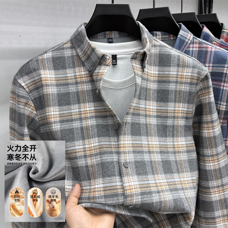 FN25195延续加绒冬季保暖长袖加厚衬衣色纺纱纯棉格子衬衫,男装衬衫,钱塘207-1