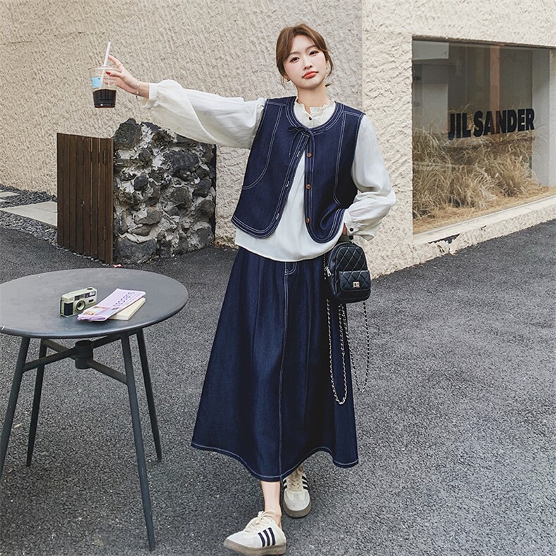 牛仔马甲衬衫半身裙套装女春秋2025新款休闲老钱风流行超火三件套图片