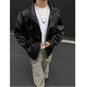 欧美宽松机车服皮衣男潮飞行员PU皮夹克外套W6385-P70图片