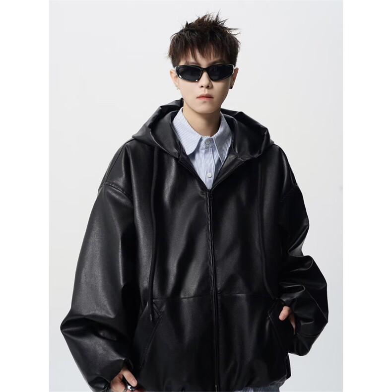 连帽皮衣外套男秋cleanfit痞帅高级感廓形宽松PU皮夹克JK226P75,男装皮衣,星座1013-1