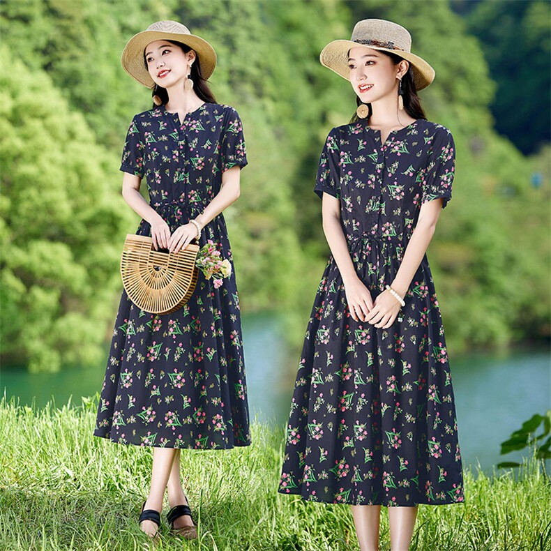 高级感复古碎花纯棉短袖连衣裙女2026夏季新款收腰显瘦气质长裙子,女装连衣裙,倪叶myz