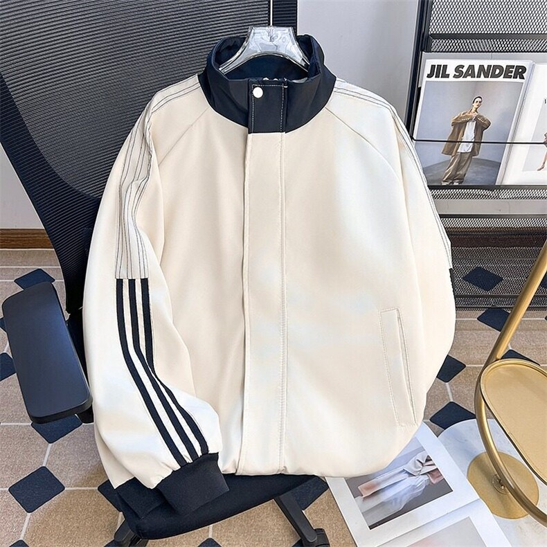 复古三条杠立领棒球服外套男生春秋季潮牌运动宽松夹克衫，男装夹克，星座410-7