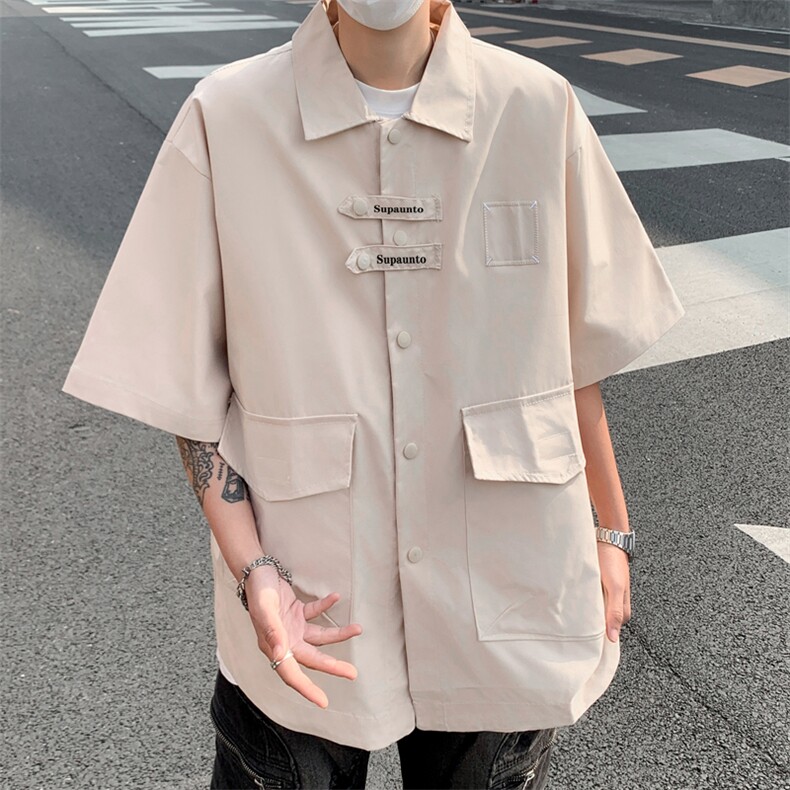 2024新款工装休闲短袖衬衫复古机能痞帅半袖衫衣宽松潮W8206-P40,男装衬衫,星座512-4