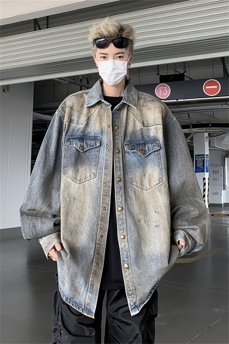 美式高街废土风长袖衬衫男高级感春秋季新款宽松复古蓝牛仔外套男,男装衬衫,星座505-2（原电商A260-1)