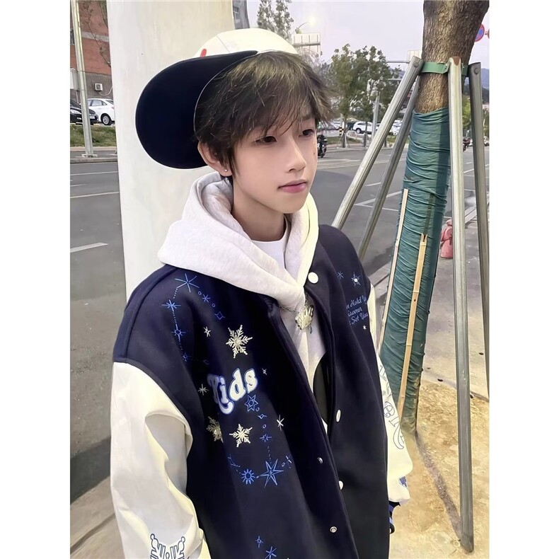 慵懒潮牌刺绣棒球服男新款魔术贴夹克拼接PU皮落肩外套宽松新款,男装夹克,星座506A
