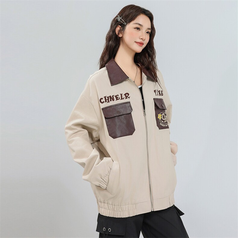 2026春季新款港风美式狮子毛巾刺绣翻领拼皮口袋外套JK1410-P85,男装夹克,星座313A(原308A-2)