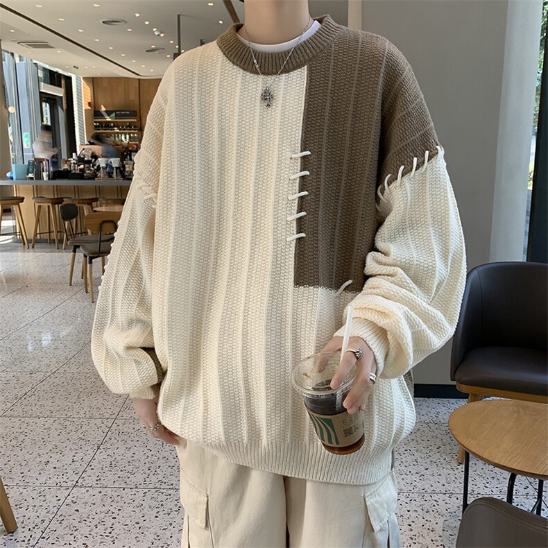 现货慵懒风宽松拼接撞色毛衣男秋冬潮牌设计感针织衫M1576-P52,男装针织衫/毛衣,星座512-4
