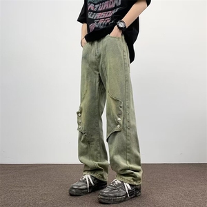 美式复古解构排扣裤子高街潮牌黄泥牛仔裤男微喇裤 G616-P50图片