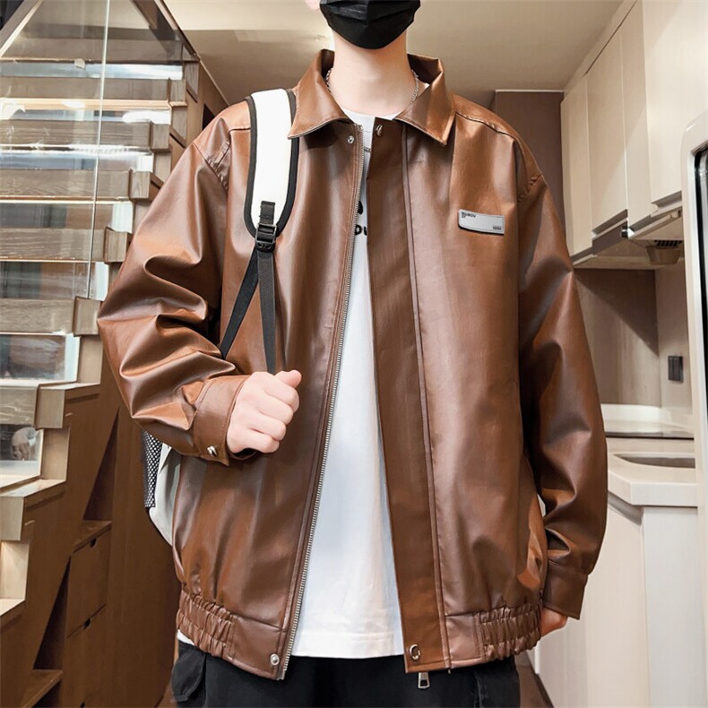 春季男士外套皮衣休闲贴标翻领皮夹克男按扣潮流A266-PY006-P80图片