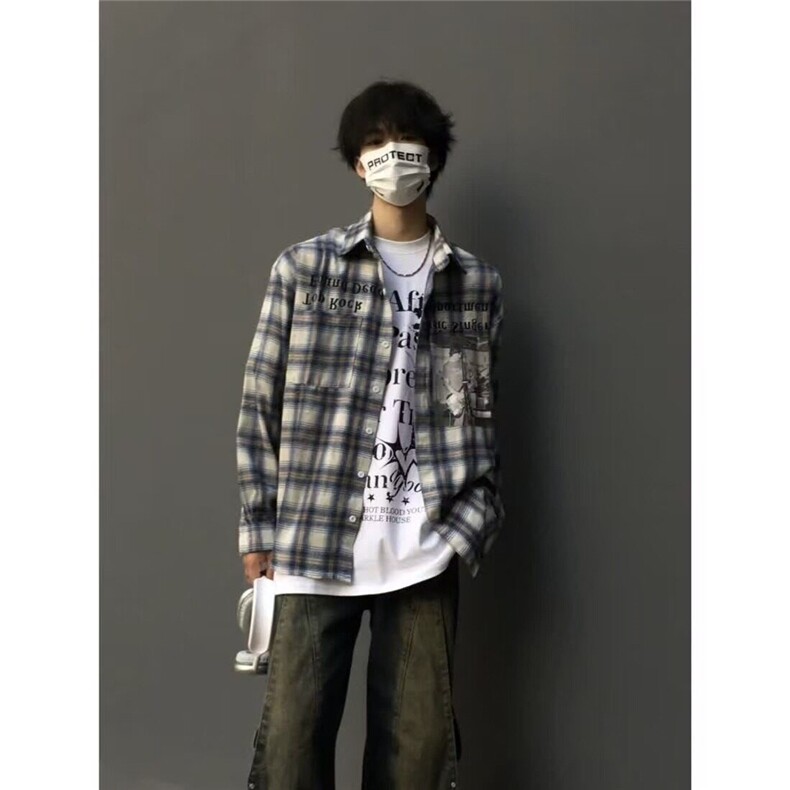 潮牌嘻哈hiphop格子衬衫男ins美式复古漫画长袖上衣宽松衬衣外套,男装衬衫,星座506A