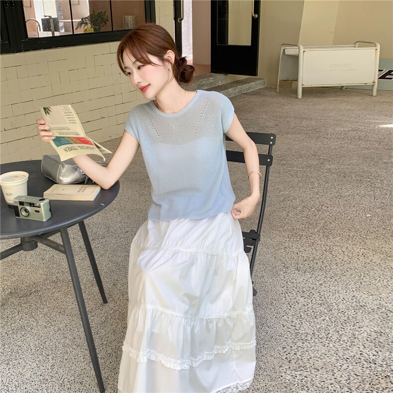 法式淡人甜美针织上衣套装2025夏季蕾丝花边拼接蛋糕半身裙两件套,女装套装/套裙,2C135