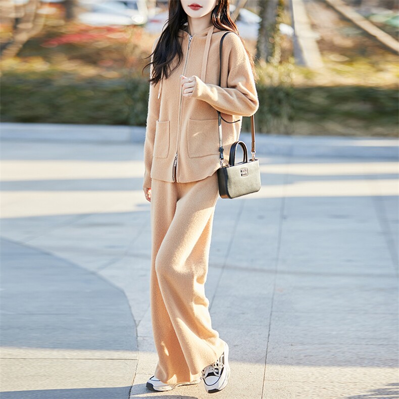 2025春季新款羊毛套装女连帽拉链开衫,女装套装/套裙,蒙特羊绒