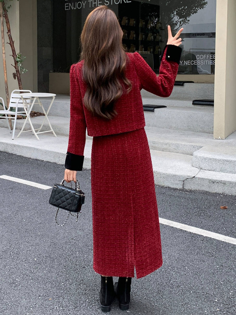 2025年冬季新款简约气质撞色拼接粗花呢小香风加棉套裙,女装套装/套裙,心心服饰