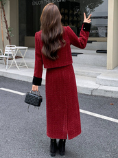 2025年冬季新款简约气质撞色拼接粗花呢小香风加棉套裙，女装套装/套裙，心心服饰