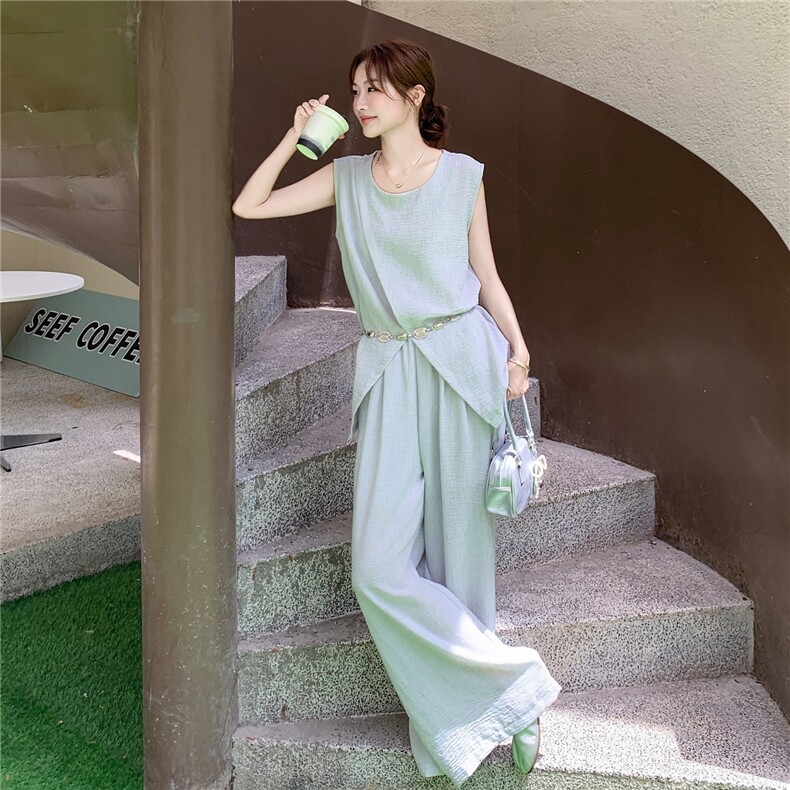 休闲气质盐系浅灰色无袖上衣阔腿裤套装女夏季ootd穿搭减龄两件套图片