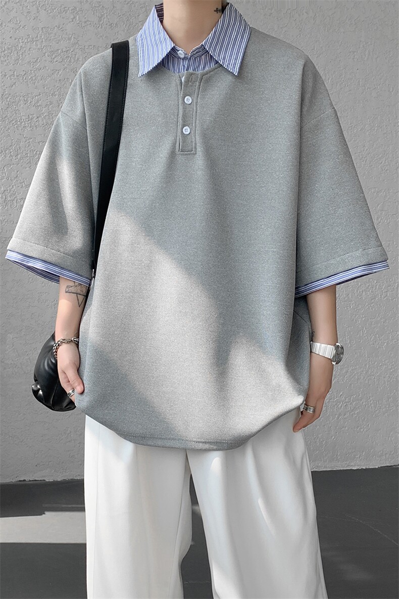 8XL-M假两件衬衫领短袖T恤大码夏季条纹拼接polo衫半袖DX1211/P45,男装T恤,电商B238