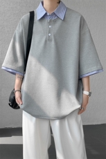 8XL-M假两件衬衫领短袖T恤大码夏季条纹拼接polo衫半袖DX1211/P45，男装T恤，电商B238