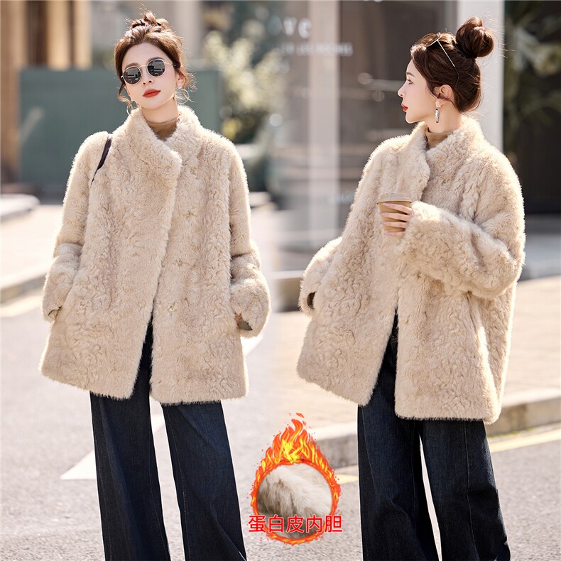 立领毛毛蛋白皮内胆外套，女装皮草，采品优优