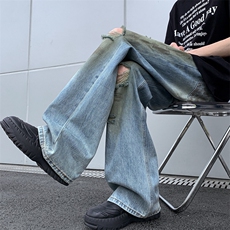 港风夏款男牛仔裤破洞渐变色微喇叭扎染脏脏裤长裤NK5505P55，男装牛仔裤，星座1013-1