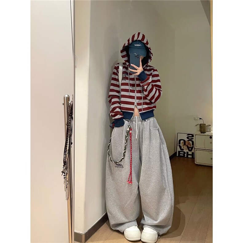 大码胖mm美式复古运动裤女垂感显瘦阔腿弯刀卫裤配绑绳L90700-P50,男装休闲裤,星座1008