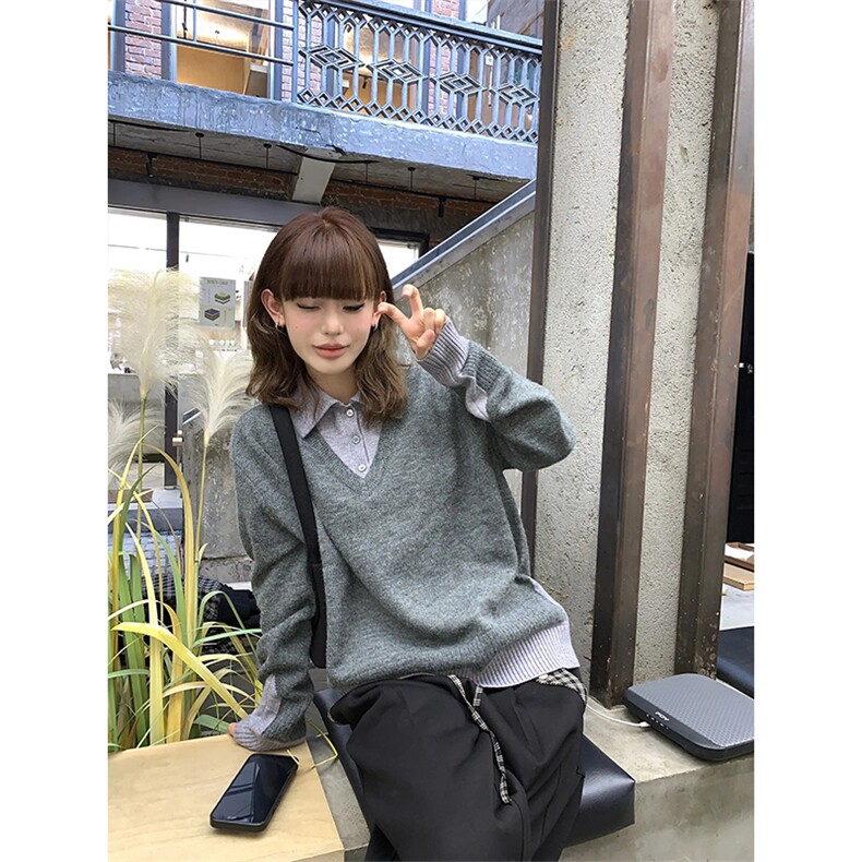 newdecay假两件毛衣男女款秋冬季慵懒高级感针织衫内搭可外穿polo,男装Polo衫,星座1005-1