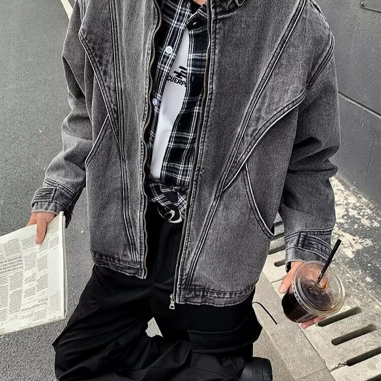 龟甲活页复古牛仔夹克男cleanfit简约高级设计感立领外套,男装夹克,星座1013